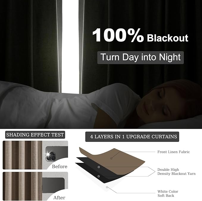 Topfinel 94 Inches Long Taupe Flax Custom Blackout Linen Curtains, Viral Ivory Pinch Pleated Noise Cancelling Curtains with Pin Hooks for Traverse, Burlap Viral Drapes 2 Panels for Living Room