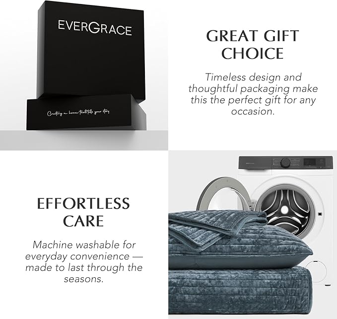 EVERGRACE Velvet Quilt Set Queen Size, Luxurious Soft Striped Channel Bedding Set, Lightweight Velvet Comforter for All Season, Oversized Bedspread Coverlet with 2 Matching Shams, Stormy Blue