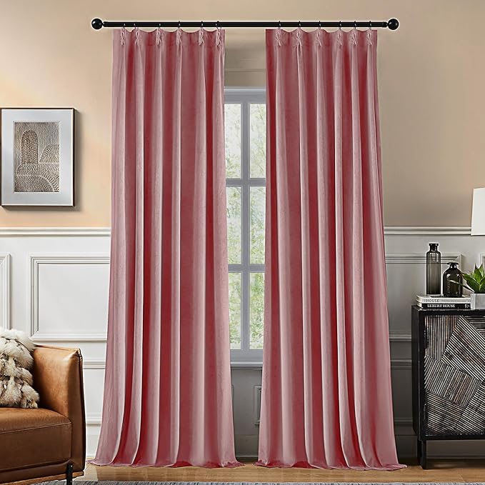 Pinch Pleated 100% Blackout Curtains for Bedroom, Pink Velvet Curtains for Living Room, Black Out Curtain 84 inch Long Room Darkening, Blackout Pinch Pleat Drapes with Hooks 2 Panels
