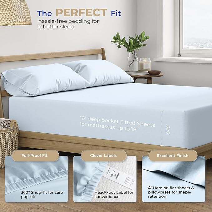 Thread Spread 100% Cotton Bed Sheets Twin XL Set - 400 Thread Count Cotton Twin XL Sheets Only, 3 PC Set (Light Blue), Soft, Breathable, Cooling, Sateen Weave 16" Deep Pocket Bedsheet for Hot Sleepers