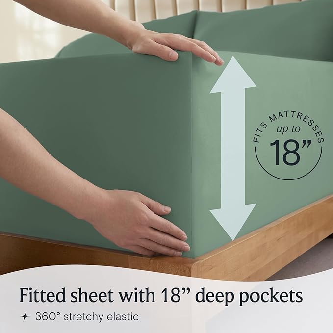 LuxClub 4 PC Queen Sheet Set, Deep Pockets Wrinkle Free Cooling Bed Sheets Hotel Bedding for Women, Men, Includes 1 Fitted Sheet, 1 Flat Sheet and 2 Pillowcases-Soft Tree Moss Green