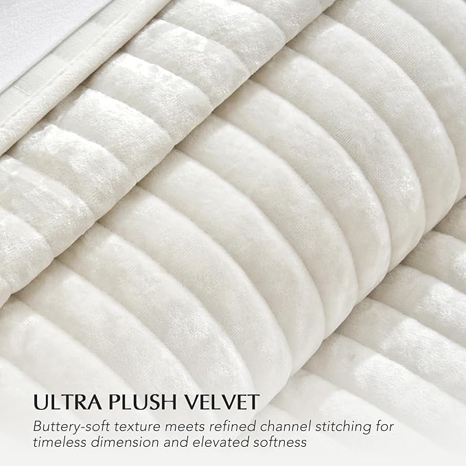 EVERGRACE Velvet Quilt Set King Size, Luxurious Soft Striped Channel Bedding Set, Lightweight Velvet Comforter for All Season, Oversized Bedspread Coverlet with 2 Matching Shams, Ivory White