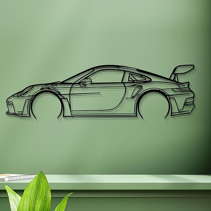 Dekory Car Wall Art – 911 GT3 RS (992) Black Metal Sports Car Silhouette, Modern Industrial Automotive Wall Decor for Garage, Living Room or Bedroom – 16 Inch (XS)