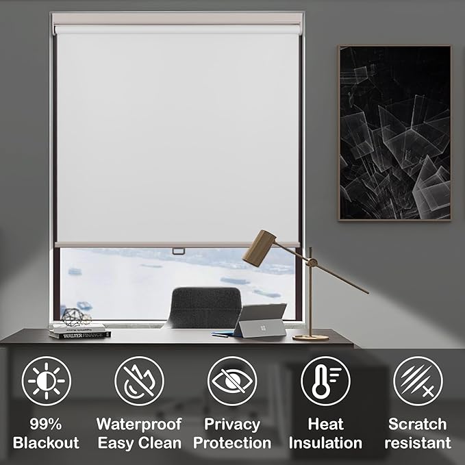 HESTIA No Drill Cordless Blackout Roller Shades Screwless Waterproof Shower Window Blinds, Auto-Retraction Easy Install Blind for Bathroom/Kitchen/Office/Exterior, White, 58" W x 72" H