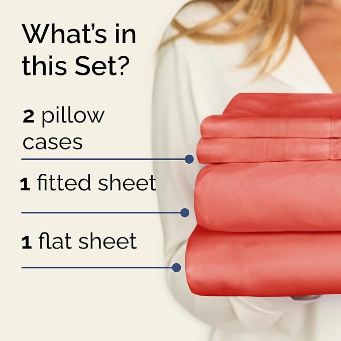 Twin 4 Piece Sheet Set - Cooling, Comfy & Breathable - Hotel Luxury Bedding, Includes Fitted Sheet for Women, Men, Kids and Teens - 1 Flat, 1 Fitted Sheet, 2 Pillowcases with Deep Pockets - Coral