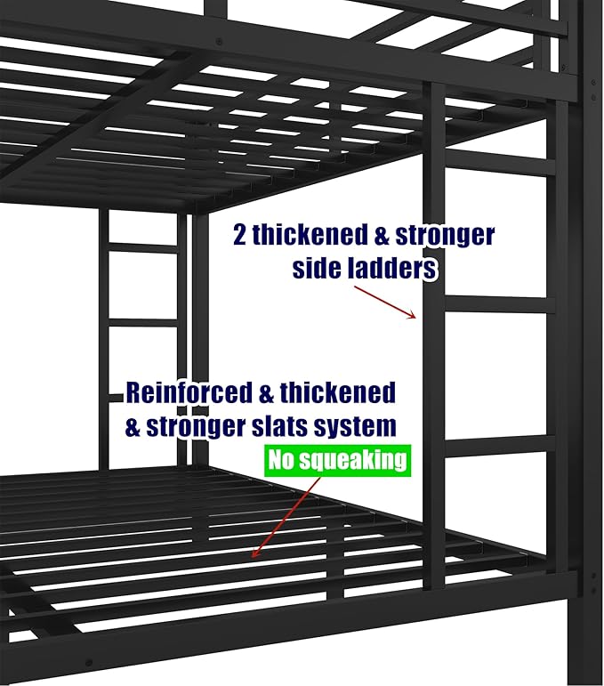 Higher Quality & Stronger Heavy Duty Metal Bunk Bed Frame Twin XL Over Queen Size with Twin Size Trundle for Adults Teens, Thickened More Stable Steel Bunkbed