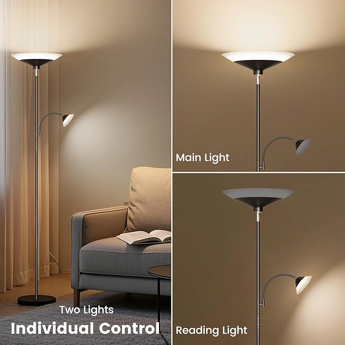 Upgraded 2-in-1 Torchiere Floor Lamp, Dimmable Standing Lamp with Remote&Touch Control, 34W Brightness Adjustable Floor Reading Light, Black Modern Corner Lamp for Living Room Bedroom Office