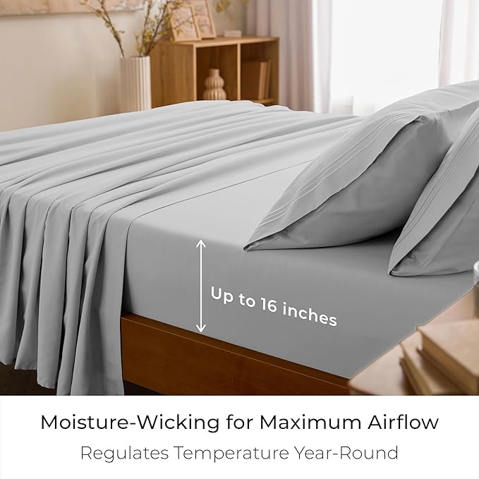 Mellanni Queen Sheet Set - 6-Piece Iconic Collection Bedding, (Including 4 Pillowcases), 16-Inch Deep Pocket, Easy Care, Extra Soft, Cooling Sheets, Brushed Microfiber - Light Gray