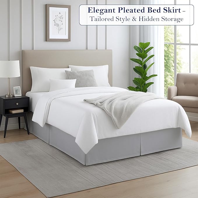 Queen Bed Skirt, Luxury 18 Inch Drop Light Grey Pleated Bed Skirt, Double Brushed Microfiber, Box Pleat Design, Wrinkle & Fade Resistant, Easy Fit Tailored Bedskirt for Queen Size Beds