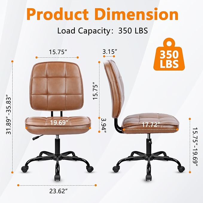 CLATINA Armless Home Office Chair with Lumbar Support and Wheels, Small PU Leather Ergonomic Low Back Desk Chairs No Arms, Adjustable Height 360° Swivel Rolling Computer Task Chair, Brown, 8 Pack