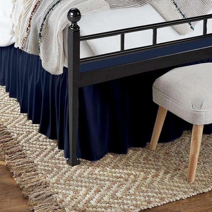 Navy Blue Solid Ruffled Bed Skirt Queen-6 Inch Drop Split Corner, Microfiber Bedskirt with Platform Three Sided Coverage