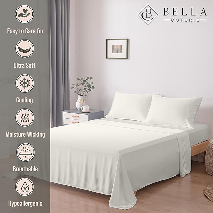 Bella Coterie Luxury Bamboo Viscose Cal King Size Sheet Set | 100% Organically Grown | Ultra Soft | Cooling for Hot Sleepers | 18" Deep Pocket [Ivory]