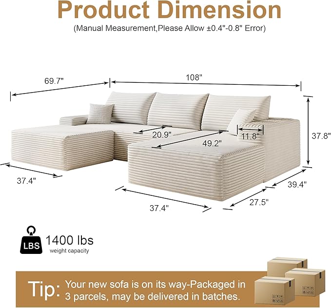 108" Sectional Couches for Living Room Modern Modular Sofa with L-Shape Couchs Upholstered Boneless Couch Deep Seat Sectional Couch with Chaise (White, Right Facing Chaise+2Seaters+1Ottoman)