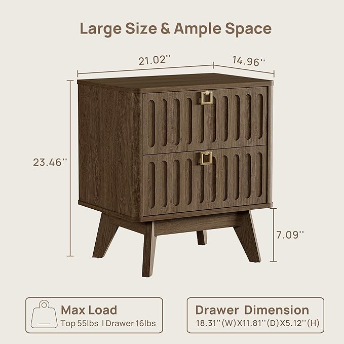 SICOTAS Modern Fluted Nightstand with 2 Drawers, 21" Wide Wood Bedside Table with Gold Handle, Mid-Century End Table for Bedroom, Apartment