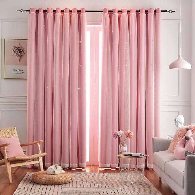 Star Curtains Blackout Curtains for Bedroom, Double Layer Curtains Nursery Curtains Cute Curtains, Kids Curtains for Girls, Curtains 108 Inches Long Set of 2, Pink Curtains, 52 X 108 Inches