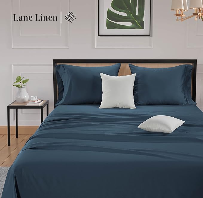 LANE LINEN Queen Bed Sheets - Pemium 600 Thread Count Long Staple 100% Cotton Sheets Queen Size Bed Set, Hotel Luxury Sateen Finish, 15" Deep Pocket Fitted Sheet, Cool & Durable - Denim