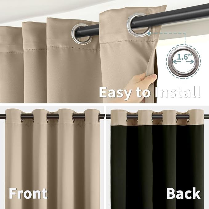 BGment Thermal Insulated 100% Blackout Curtains for Bedroom with Black Liner, Double Layer Full Room Darkening Noise Reducing Grommet Curtain (52 x 90 Inch, Sand, 2 Panels)