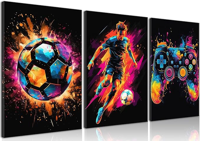 BGFCE Gaming Canvas Wall Art Decor, Paintings Art Game Controller Color Splash Ink Prints Painting, Posters for Room Aesthetic, Soccer Canvas Wall Art for Boys Room Decor 12x16 - Set of 3 Framed