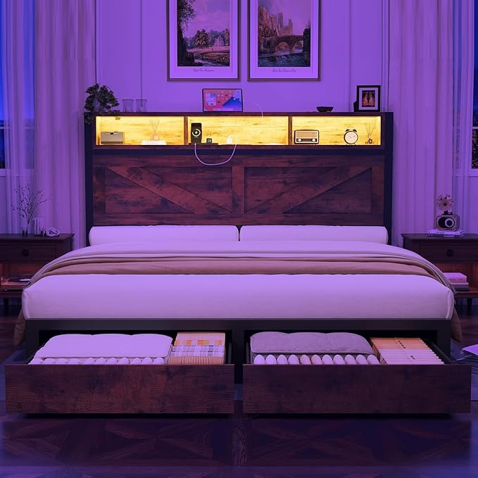 Farmhouse Full Bed Frame with Bookcase Storage Headboard, Charging Station, LED Light and 2 Storage Drawers, Noise Free, No Box Spring Needed, Brown