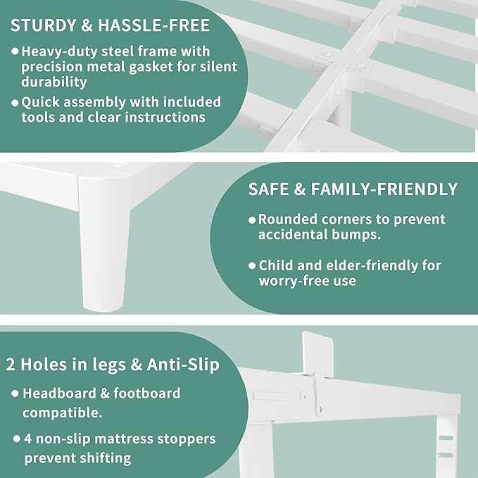 ITIMIDI 10 Inch White Bed Frame King Size with Metal Gaskets,Metal Platform Bed Frame King, No Box Spring Needed, Heavy Duty Steel Support 3000 LBS, Anti-Slip Mattress Stopper, Easy Assembly