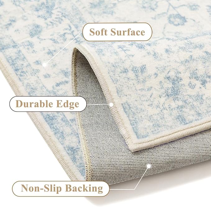 6ft Blue Round Area Rug Entryway Door Mat Circle 6x6 Kitchen Vintage Carpet Non Slip Indoor Bedroom Washable Distressed Floral Retro Accent Throw Rug Office Bathroom