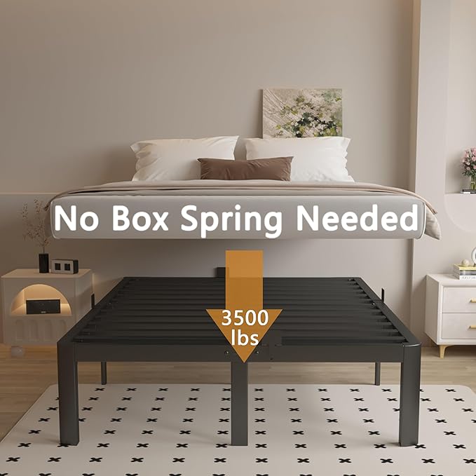 14 Inch Queen Bed Frame with Metal Gaskets, Black Bed Frame Queen Size No Box Spring Needed, Heavy Duty Steel Platform Support, Round Corner Design, Noise Free, Storage Space, Easy Assembly
