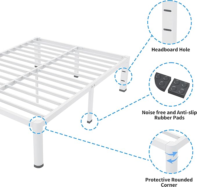 ROIL 12 Inch White King Bed Frame with Rounded Corner and Headboard Hole Mattress Retainers, 3500LBS Heavy Duty Steel Slats No Box Spring Needed Platform Noise-Free Easy Assembly