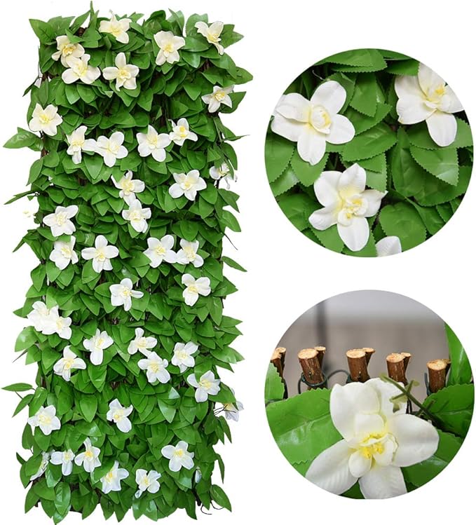 Sumery Expandable Fence Privacy Screen for Balcony Patio Outdoor,Decorative Faux Ivy Fencing Panel,Artificial Hedges (Single Sided Leaves) (4, White Flowers)