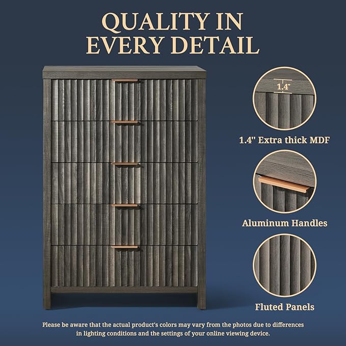 5 Drawers Dresser for Bedroom, 44 Inches Tall Modern Bedroom Dressers, Chest of Drawers for Bedroom, Fluted Dresser for Closet Organizer for Living Room, Hallway, Entryway (Midnight Oak, 3 Pieces)