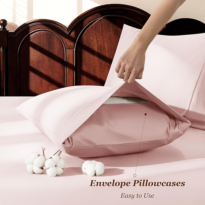 LBRO2M 1000 Thread Count 100% Egyptian Cotton Sheets Set Full Size, 4 Piece Sets Deep Pocket Sheet Set 16" Soft Comfortable All Season (Full, Pink)