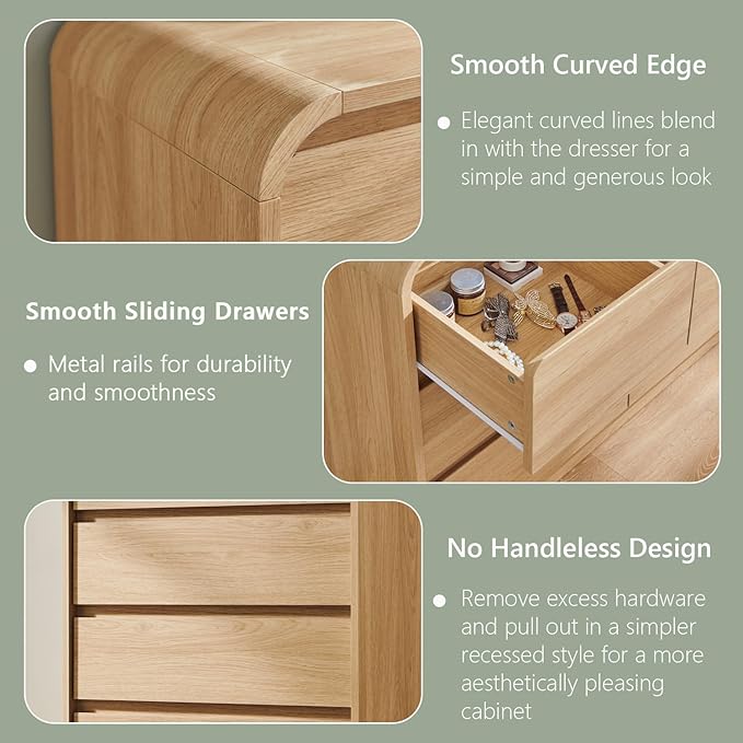 Modern 6 Drawers Dresser for Bedroom, 47" Wide Wood Dressers & Chests of Drawers w/Curved Profile Design, Mid Century Modern Dresser w/Natural Texture for Bedroom, Living Room, Natural Oak