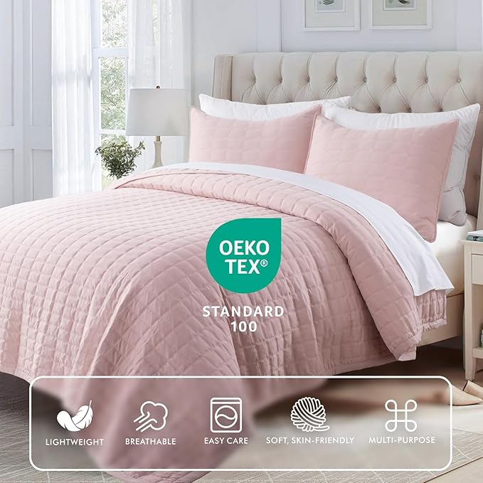 KASENTEX Queen Quilt Set 90"x90" – Soft Washed 3-Layer Lightweight Bedspread, Minimalist Nordic Design, All-Season Spring & Summer Quilt Set (1 Quilt + 2 Pillow Shams), Blush Pink