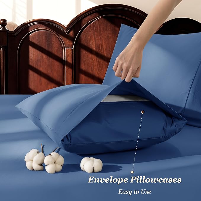 LBRO2M 1000 Thread Count 100% Cotton Sheets Set,King Size Bed Sheet 4 Piece Sets,Long Staple,16 Inches Deep Pocket,All Season,Bedding Super Soft Comforterble Breathable,Sateen (Navy Blue)