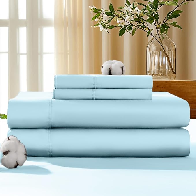 LBRO2M 100% Cotton Sheets Set Deep Pocket 19", 1000 Thread Count Full Size 4 Piece Bed Sheet Sets Soft Comfortable Bedding All Season (Full, Light Blue)