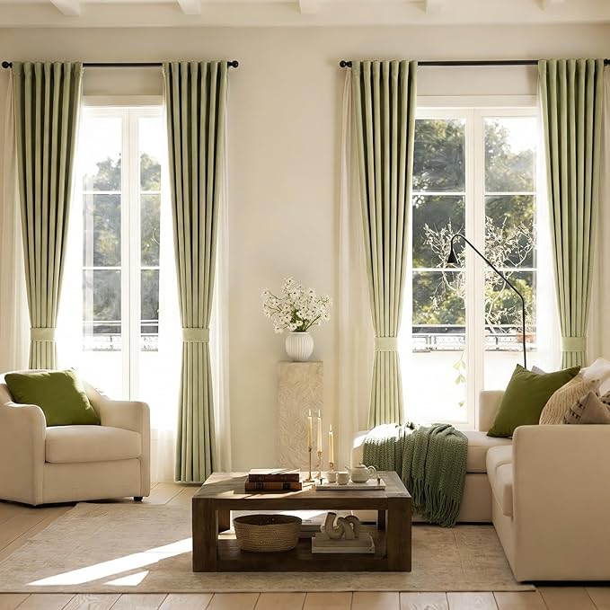 jinchan Chenille Blackout Curtains 96 Inches Long 2 Panels Sage Green Thermal Insulated Curtains for Living Room Bedroom Back Tab Window Curtains Triple Weave Noise Reducing Drapes 50x96 Inch