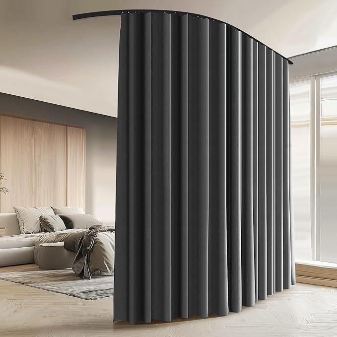 Room Divider Curtains with Ceiling Curtain Track Set Window Curtain for Bedroom,Living Room Total Blackout Thermal Insulated Privacy Ceiling Track Curtain W 9 × H 7 FT Grey drape&Black track