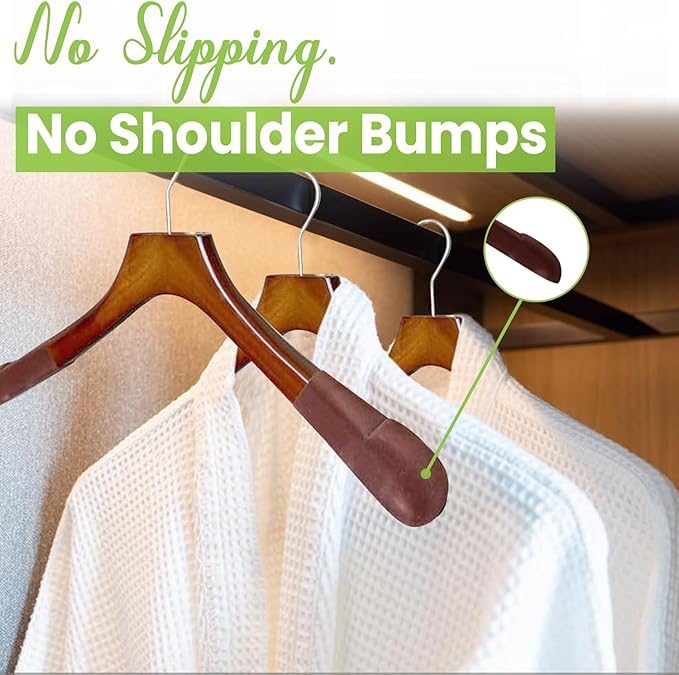 Premium Luxe Wooden Hangers for Women, Wide Shoulder Design for Dresses, Skirts, Sweaters & Blouses, Heavy Duty with Velvet Grip, High Gloss Brown with Brown Velvet, 30 pcs