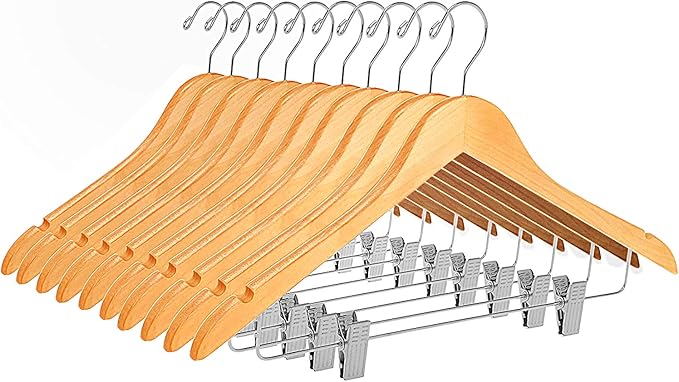 Quality Wooden Skirt Hangers with Clips, 10-Pack Smooth Solid Wood Pants Hangers with Durable Adjustable Metal Clips, Swivel Hook, Coat, Jacket, Blouse Suit Hangers (Natural, 10)