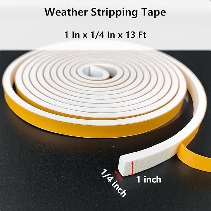 Weather Stripping Door Seal Strip, Strong Adhesive, Weatherproof, Reduce Noise, Gap Filler, Foam Insulation Tape for Doors and Windows, White, 1 in x 1/4 in x 13 Ft