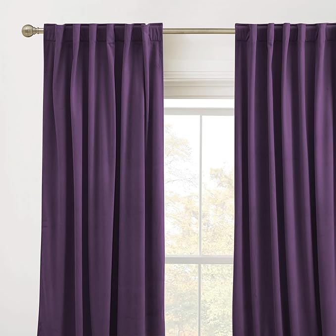 RYB HOME Purple Velvet Curtains 90 inches Length, Back Tab & Rod Pocket Soft Fabric Blackout Thermal Insulated Curtains & Drapes for Bedroom Dining Room, Purple, W 52 x L 90, 2 Panels Set