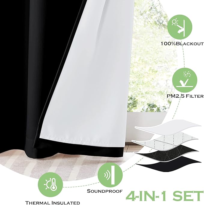 KGORGE Soundproof & Dust Particle Filtering Curtains 100% Blackout Window Cover Thermal Insulating Energy Smart Curtains for Living Room Bedroom Baby Nursery, W 52 x L 108 inches, Black, 1 Pair