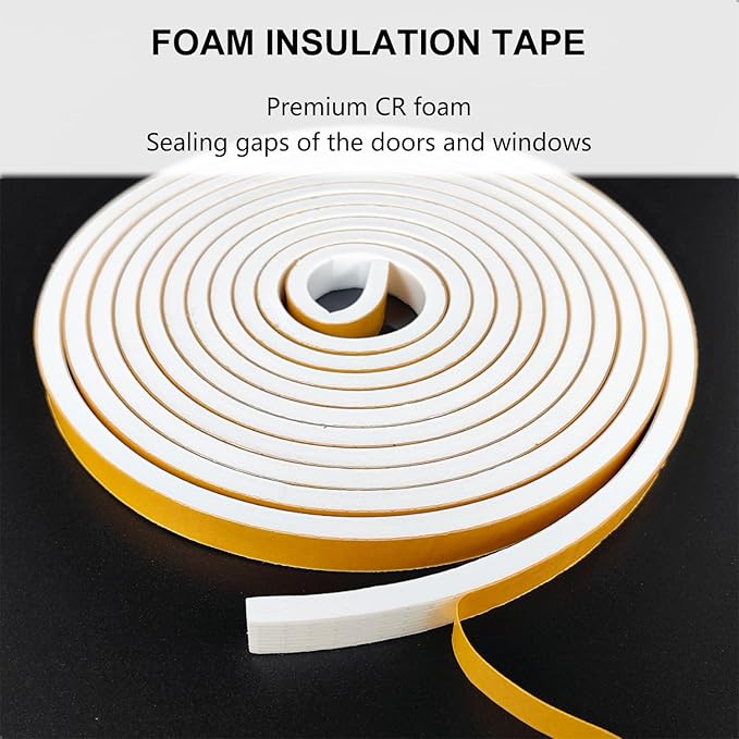 Weather Stripping Door Seal Strip, Strong Adhesive, Weatherproof, Reduce Noise, Gap Filler, Foam Insulation Tape for Doors and Windows (1/2 in x 1/8 in x 16 Ft), White
