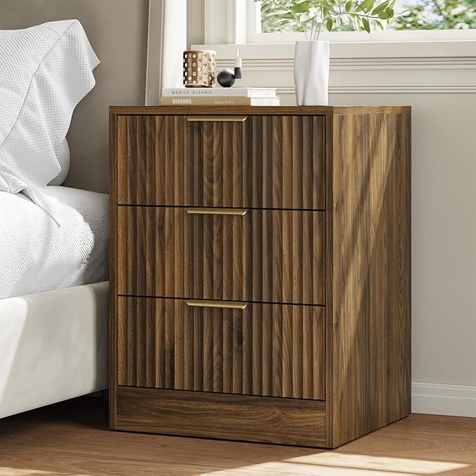 Walnut Dresser & Nightstand Set 3-Piece, 6 Drawer Dresser and Night Stand Set of 2 with Metal Handle, Modern Wood Chest of Drawers Storage Dressers Set for Bedroom, Walnut