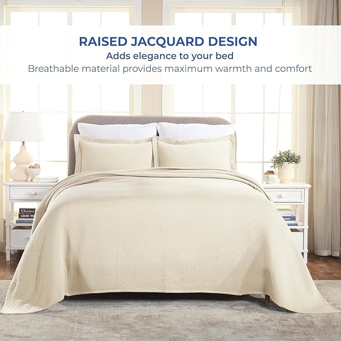 Superior 2 Piece Basketweave Cotton Bedspread Set, Home Bed Decor, Decorative Bed Spread, 1 Pillow Sham, Medium Weight Blanket, Matelasse Coverlet Bedding, Geometric Lattice Pattern, Twin, Ivory