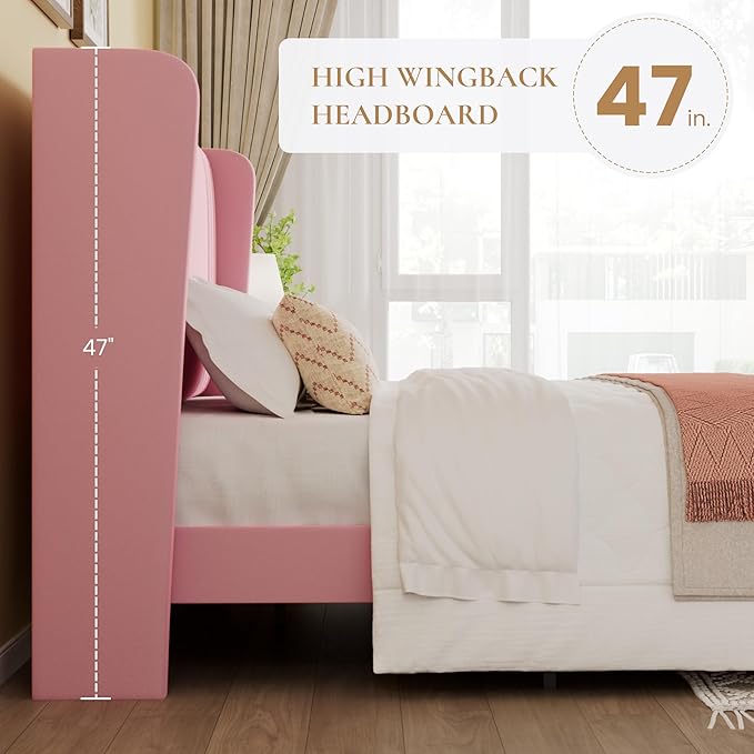 SHA CERLIN Queen Size Velvet Upholstered Platform Bed Frame with Vertical Channel Tufted Wingback Headboard, Wooden Slats Support, Easy Assembly, Under Bed Storage, No Box Spring Required, Pink