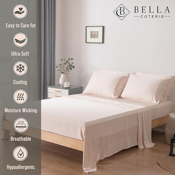 Bella Coterie 6 Piece Luxury Bamboo Viscose Queen Size Sheet Set | 100% Organically Grown | Cooling for Hot Sleepers | 18" Deep Pocket | Soft & Hypoallergenic | 4 Pillowcases [Champagne]