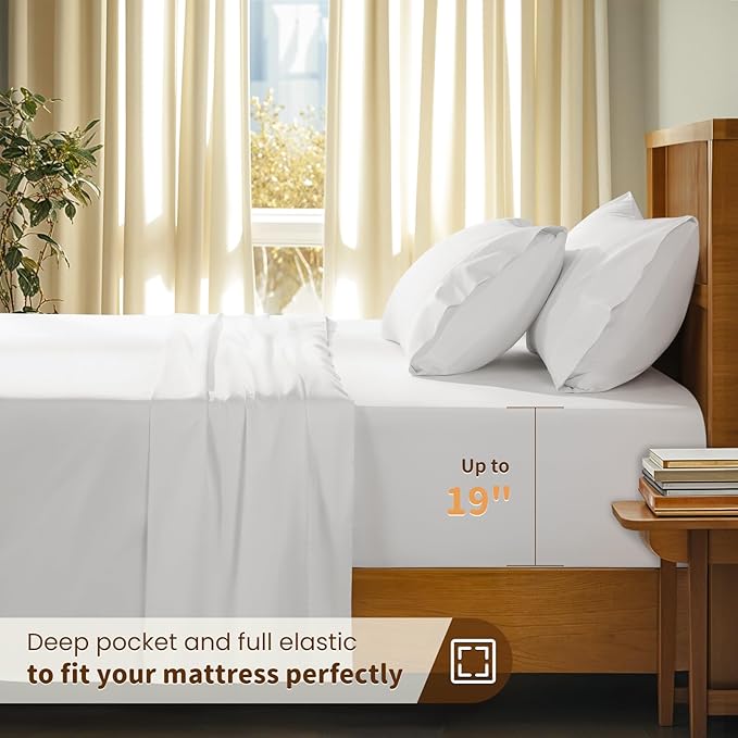 LBRO2M 100% Cotton Sheets Set Deep Pocket 19", 1000 Thread Count Full Size 4 Piece Bed Sheet Sets Soft Comfortable Bedding All Season (Full, White)