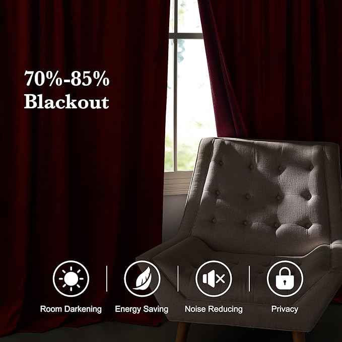 RYB HOME Burgundy Red Velvet Curtains for Christmas Decor, Soft Luxury Backdrops for Studio Theater, Back Tab Design for Bedroom Living Room, 52" W x L72 L, 2 Panels Set