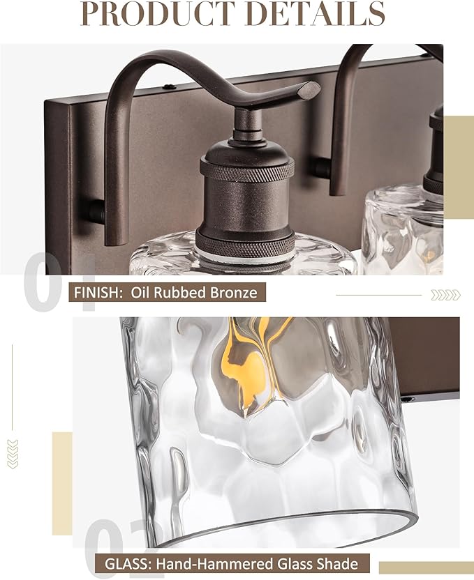 Bathroom Vanity Light Fixtures Over Mirror 3-Light Hammered Glass Wall Mounted Modern Oil Rubbed Bronze - VL01ORBH-3