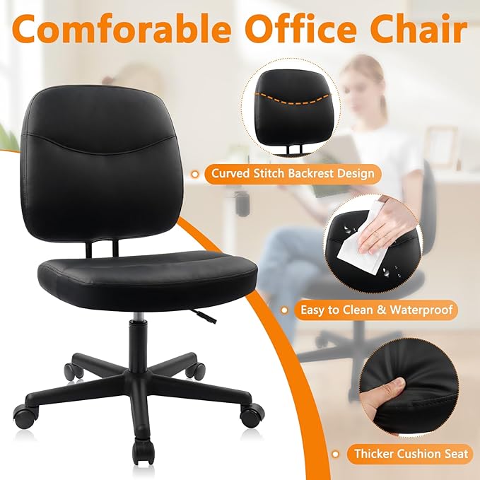 CLATINA Armless Home Office Chair, Small PU Leather Ergonomic Low Back Desk Chair with Lumbar Support and Wheels, Adjustable Height 360° Swivel Rolling Computer Task Chair, Black, 2 Pack